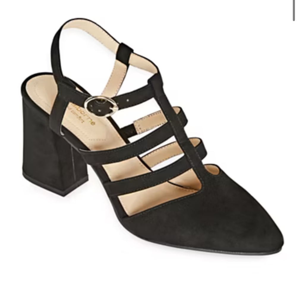 Liz Claiborne Womens Newell Buckle Pointed Toe Block Heel Pumps